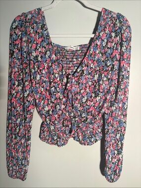 Smocked Floral Peplum Blouse - Pink & Blue